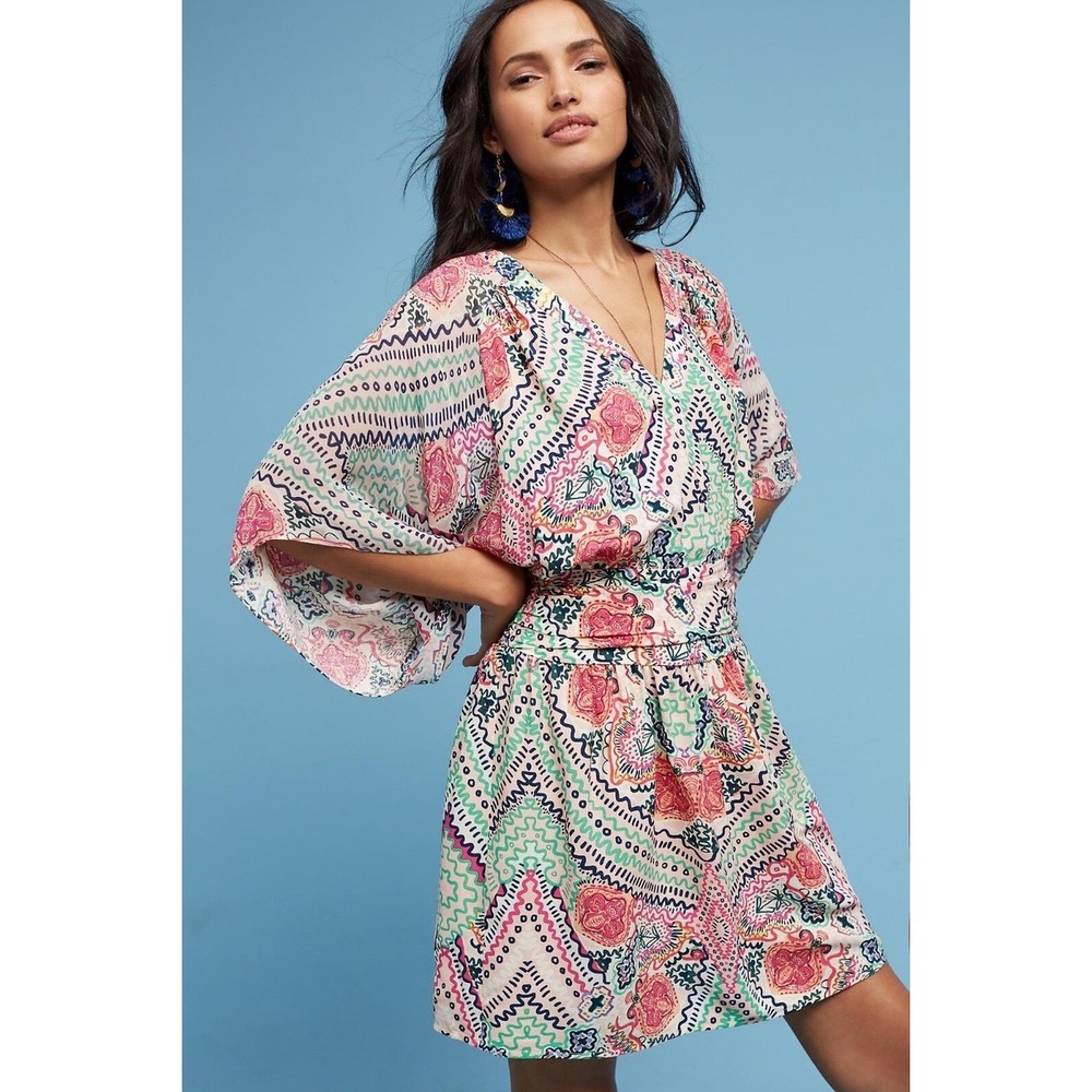 Maeve Anthropologie Womens Pink Boho Floral Kimono Sleeve Dress Size 6 Whimsical
